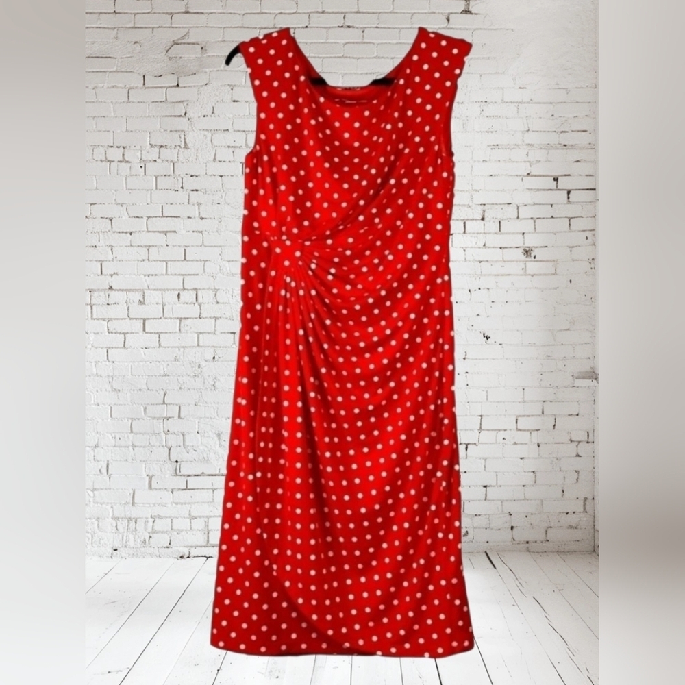 Orange-Red Polka Dot ruched sheath dress side-gathered Midi